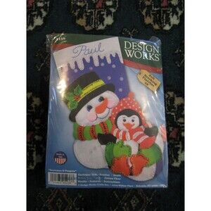 DESIGN WORKS FELT JEWELED SNOWMAN & PENGUIN 18" CHRISTMAS STOCKING KIT #5236